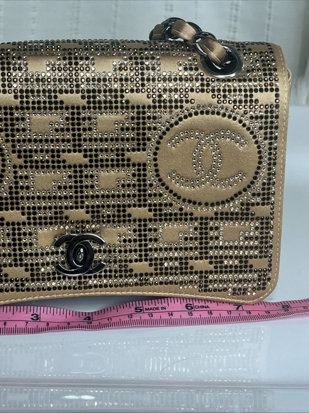 CHANEL Metallic Gold Crystal-Studded Chain Crossbody Bag